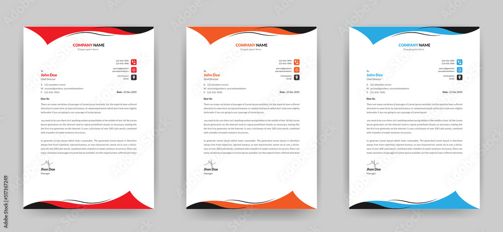 Professional creative clean letterhead template design for your Company and business a4 size with three color variations