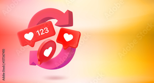 Refreshing social media concept with chat balloons with hearts. 3d vector banner with copy space