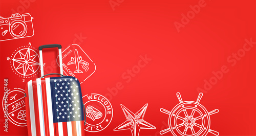 Travel bannr with USA bag, doodle elements and copy space. Vector illustration