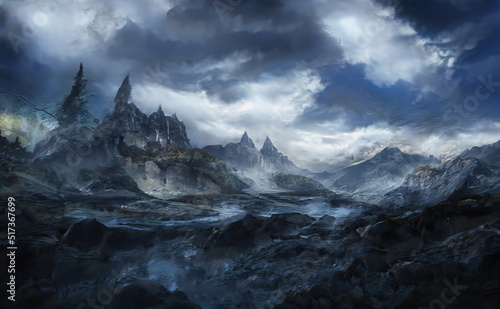 Fantastic Epic Magical Landscape of Mountains. Summer nature. Mystic Valley, tundra, forest. Gaming assets. Celtic Medieval RPG background. Rocks and grass. Beautiful sky and clouds.  © Abstract51
