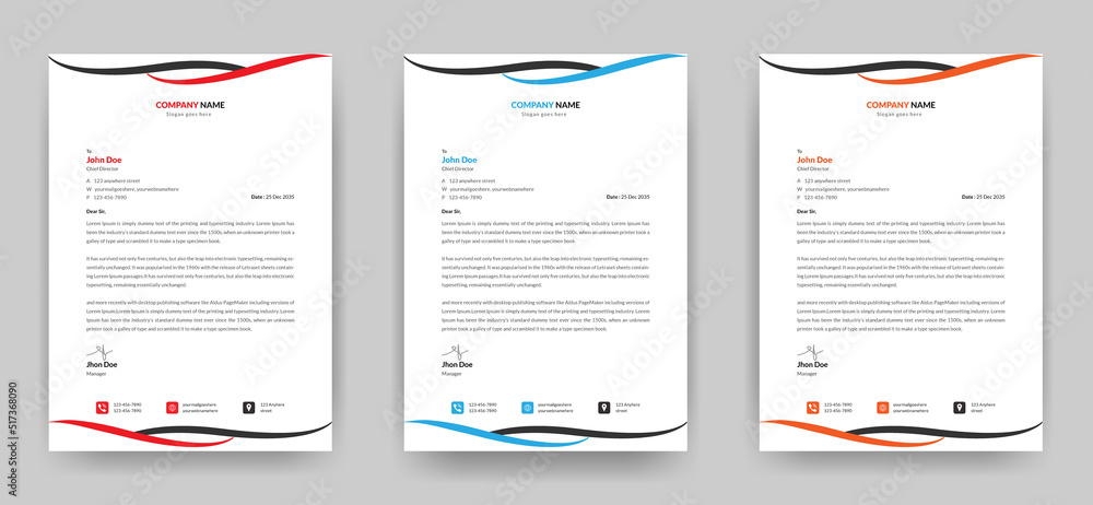 Professional creative clean letterhead template design for your Company and business a4 size with three color variations