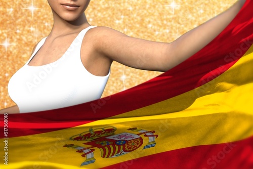 young lady holds Spain flag in front on the red shining sparks background - flag concept 3d illustration