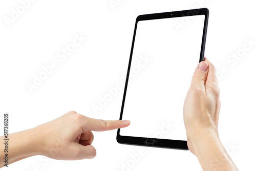 Obraz na płótnie Hands with black tablet computer, isolated on white background