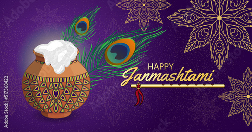 Happy Krishna Janmashtami background with matki, makhan, flute, peacock feathers. Dahi Handi Mandala Festival Poster. Greeting card, banner, social media post flat vector illustration for promotion photo