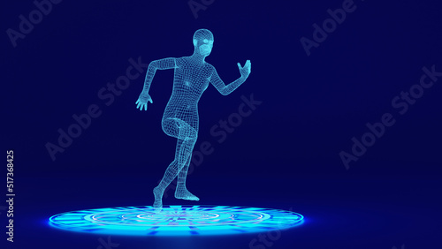 Wire frame human full body in virtual reality. Medical blueprint scanned 3D model. Polygonal technology design. Sprinter Running figure, 3d rendering.