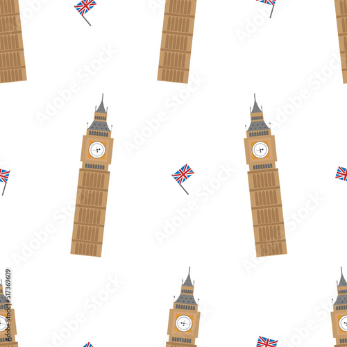 Vector seamless pattern with Big Ben Tower and Brithish flags