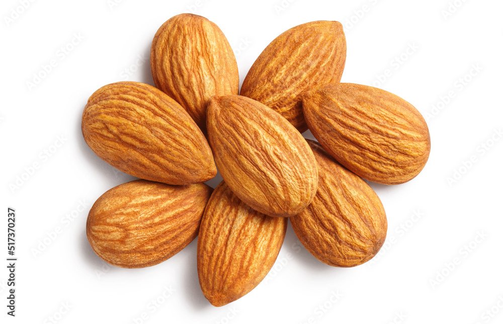 Delicious almonds, isolated on white background, view from above Delicious almonds, isolated on white background, view from above