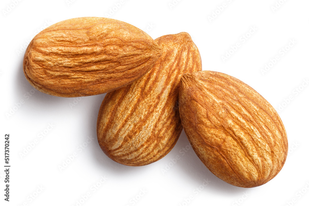 Delicious almonds, isolated on white background, view from above Delicious almonds, isolated on white background, view from above