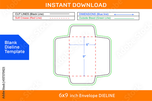 Open end envelope, 6x9 inch catalog envelope dieline template Blank dieline template