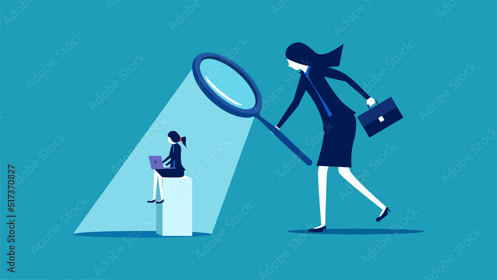 Supervise work. Managers use a magnifying glass to see employees at work vector