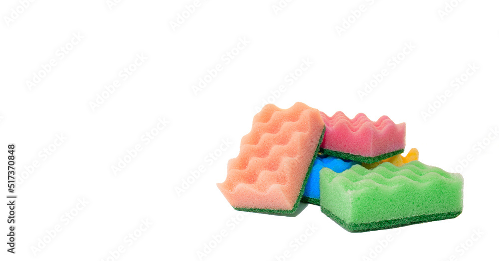 Stack of colorful kitchen cleaning sponges with soap bubbles on white background. Stack of colorful kitchen cleaning sponges with soap bubbles on white background.