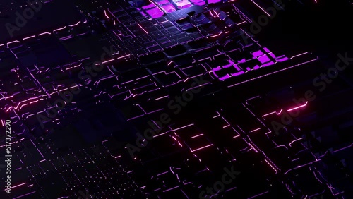 Purple printed circuit board with electrons html code flying into the future.
