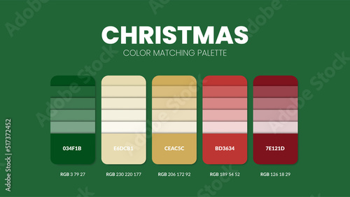 Christmas theme color palettes or color schemes are trends combinations and palette guides this year, a table color shades in RGB or HEX. A color swatch for a spring fashion, home, or interior design.
