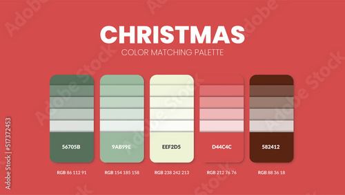 Christmas theme color palettes or color schemes are trends combinations and palette guides this year, a table color shades in RGB or HEX. A color swatch for a spring fashion, home, or interior design.