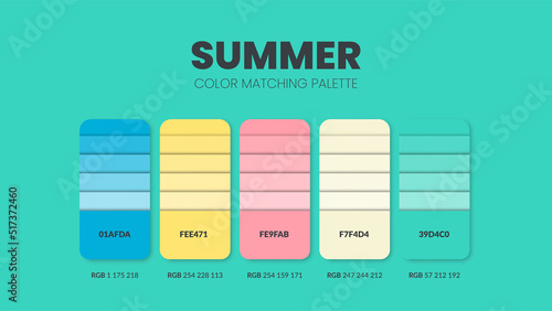 Summer theme color palettes or color schemes are trends combinations and palette guides this year, a table color shades in RGB or HEX. A color swatch for a spring fashion, home, or interior design.