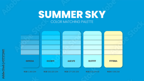 Summer theme color palettes or color schemes are trends combinations and palette guides this year, a table color shades in RGB or HEX. A color swatch for a spring fashion, home, or interior design.