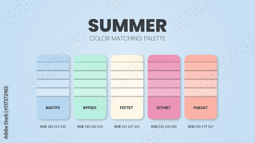 Summer theme color palettes or color schemes are trends combinations and palette guides this year, a table color shades in RGB or HEX. A color swatch for a spring fashion, home, or interior design.