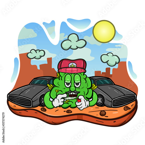 Cartoon Mascot Of Weed Bud With Weed Cigarette In Wild West.