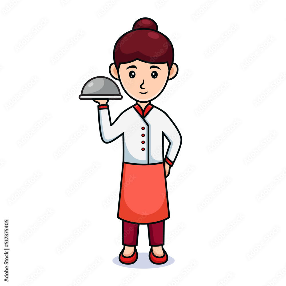 cartoon girl. Friendly beautiful women in waiters uniform, holding a food