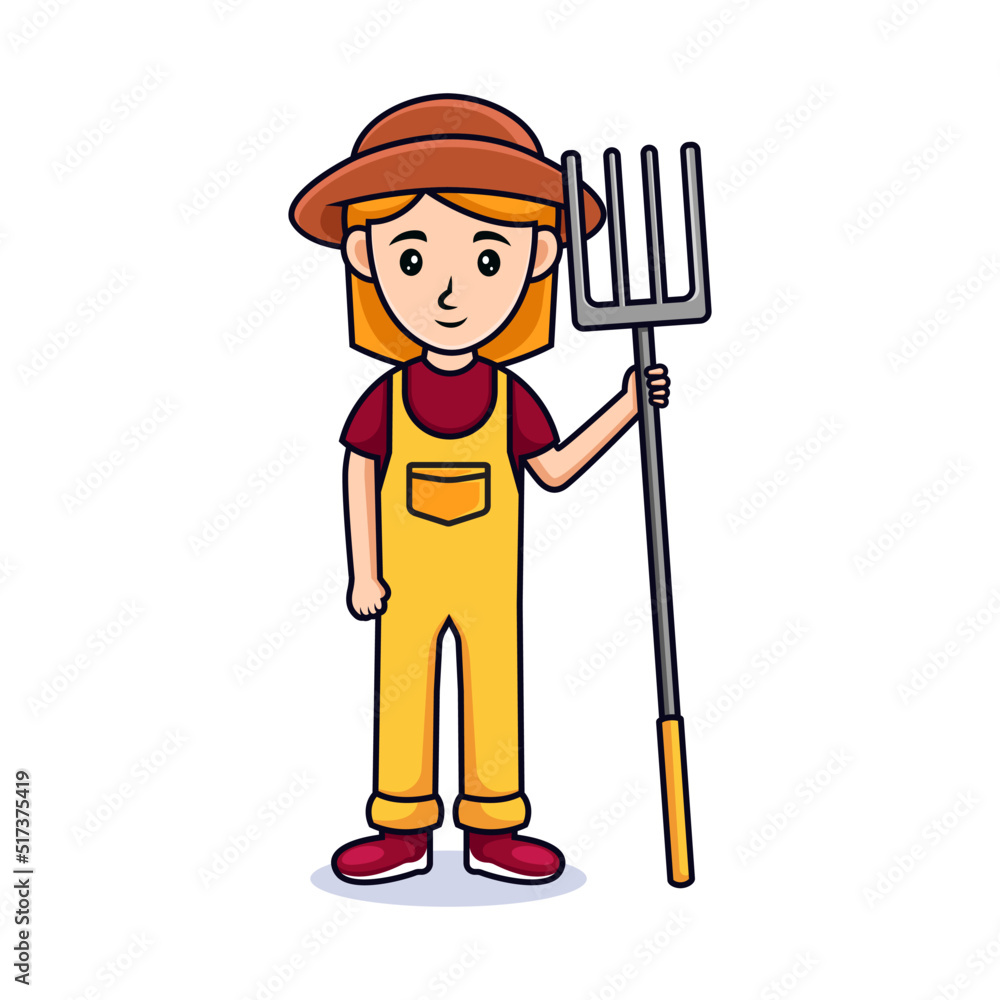 cartoon women with hat. Friendly beautiful women in farmers clothes, holding straw rake cartoon women with hat. Friendly beautiful women in farmers clothes, holding straw rake