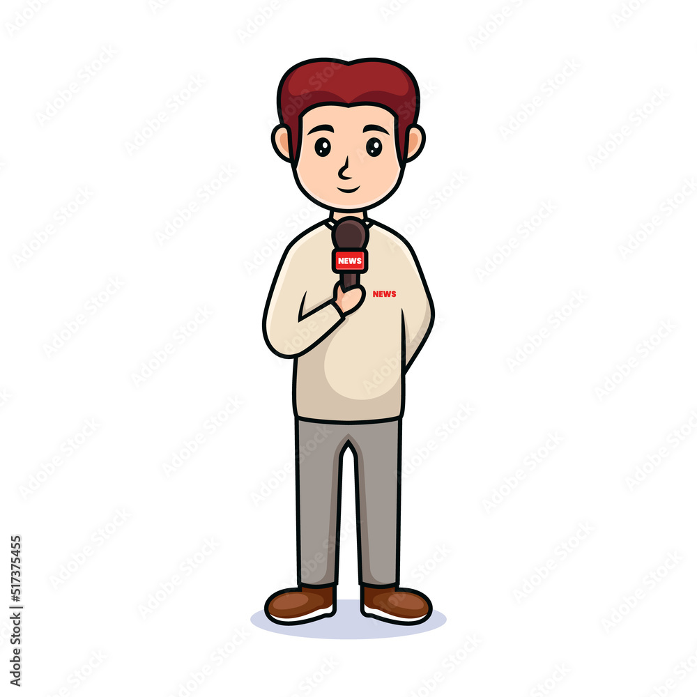 cartoon guy. Friendly handsome reporter in casual clothes, holding a mic cartoon guy. Friendly handsome reporter in casual clothes, holding a mic