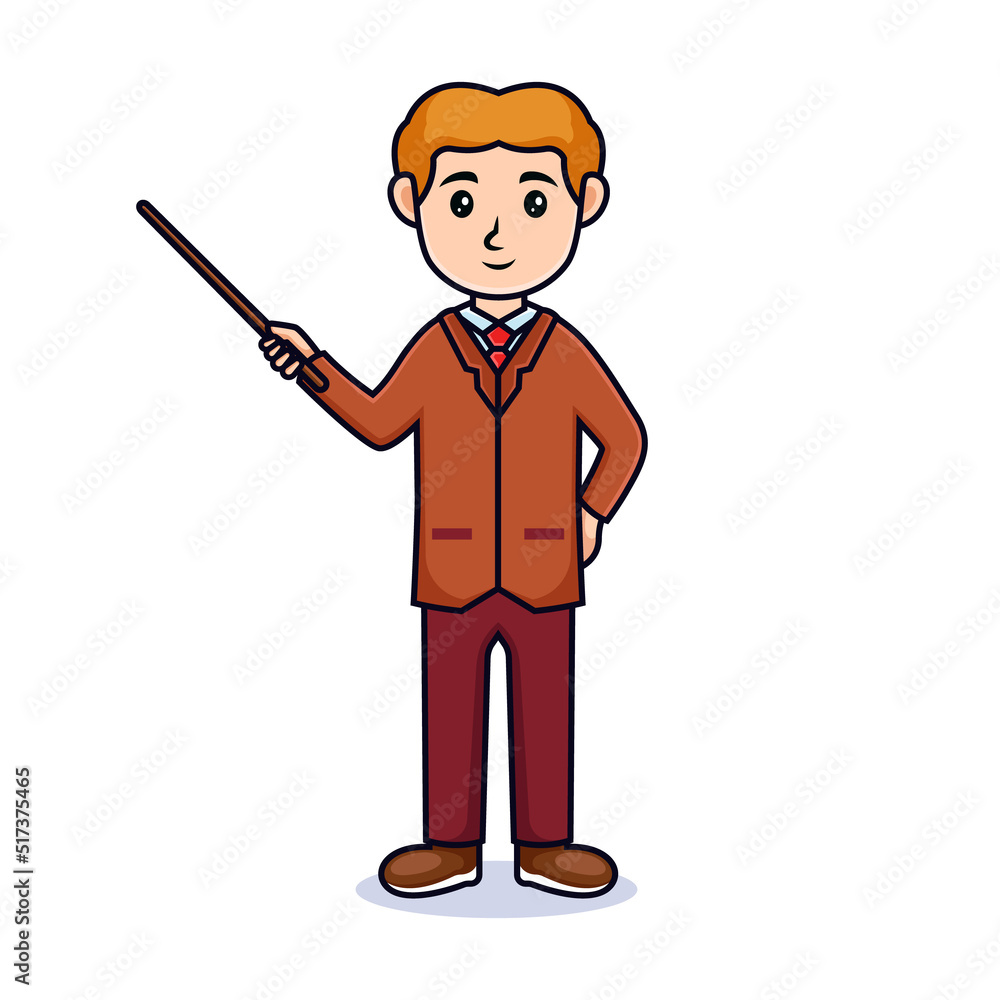 cartoon man. Friendly handsome man in teacher outfit, holding ruler . Isolated on white cartoon man. Friendly handsome man in teacher outfit, holding ruler . Isolated on white