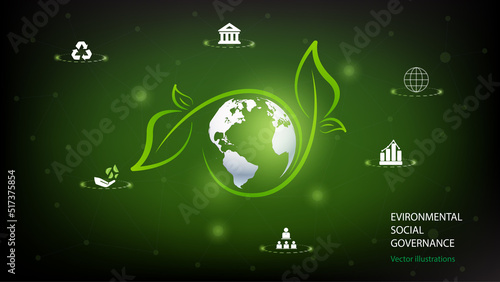 World sustainable environment concept design.Green earth for Environment Social and Governance ESG. Solving environmental, social and management problems with figure icons.