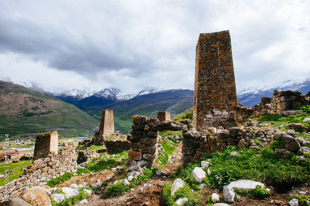 Ancient ruined medieval tower complex Tsimiti in North Ossetia