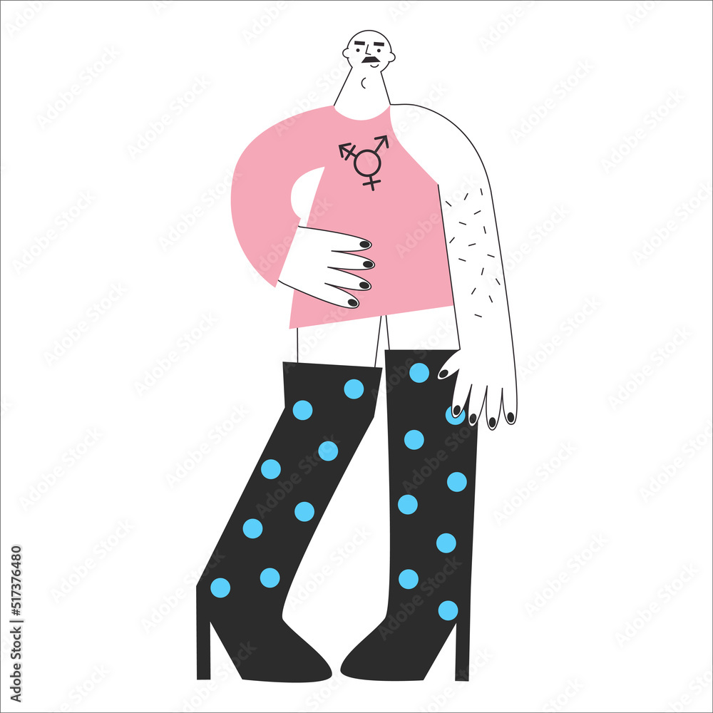Vetor de Transgender mtf person with trans symbols and colors. Genderqueer  and crossdressers rights concept. LGBTQ+ equality vector flat isolated  illustration. Social transition. do Stock