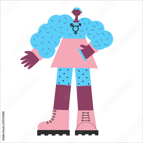 Transgender mtf person with trans symbols and colors. Genderqueer and crossdressers rights concept. LGBTQ+ equality vector flat isolated illustration. Social transition.