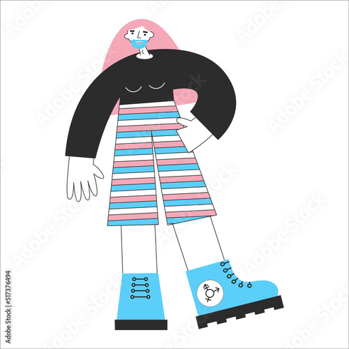 Transgender mtf or ftm person with trans symbols and colors. Genderqueer and crossdressers rights concept. LGBTQ+ equality vector flat isolated illustration. Social transition.