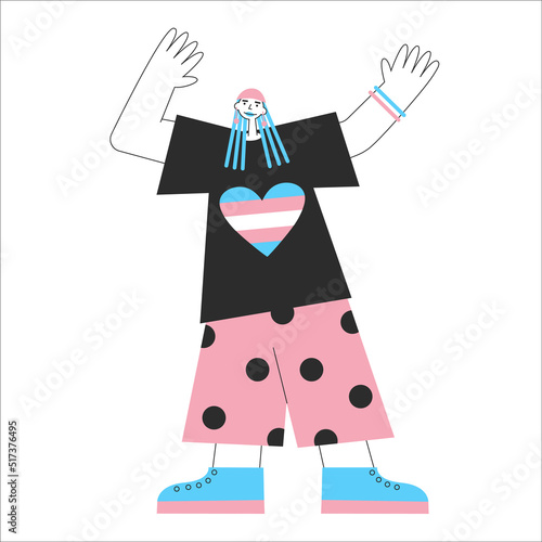 Transgender mtf or ftm person with trans symbols and colors. Genderqueer and crossdressers rights concept. LGBTQ+ equality vector flat isolated illustration. Social transition.
