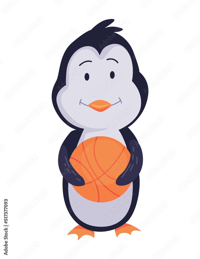 Cute penguin stands with basketball. Funny draw character in cartoon style. Adorable wild animal Cute penguin stands with basketball. Funny draw character in cartoon style. Adorable wild animal