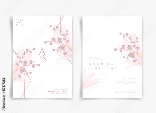 Pink wedding card or invitation card with pink flower and leaf theme front side and back side. Nature wedding card. Nature cover. Wedding card template.