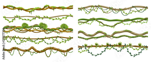 Lianas stems border set. Rainforest green vines or twisted plant hanging on branch. Cartoon jungle creeper branches, leaves and moss on tree. Vector isolated game scenery elements
