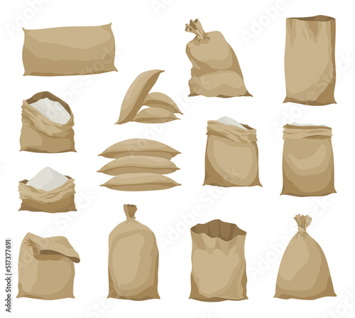Burlap farmer bag set with flour, rice or salt. Farm production in brown textile bales, closed and open sacks with white product inside. Cartoon vector icons isolated on white background