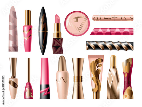 Makeup cosmetics set of different packages. Isolated beauty products and facial decorative cosmetics tools. Blank template of containers for eyeliner, lipstick, powder, foundation and mascara