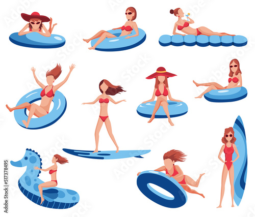 Set of young womans float on air mattress. Fun female characters with hat and glasses. Young ladys swimming on inflatable ring. Summertime flat cartoon illustration