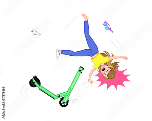 Young woman without helmet crashing an e-scooter hard and flying over the handlebars. Accident with injury on electric scooter. Vector illustration.