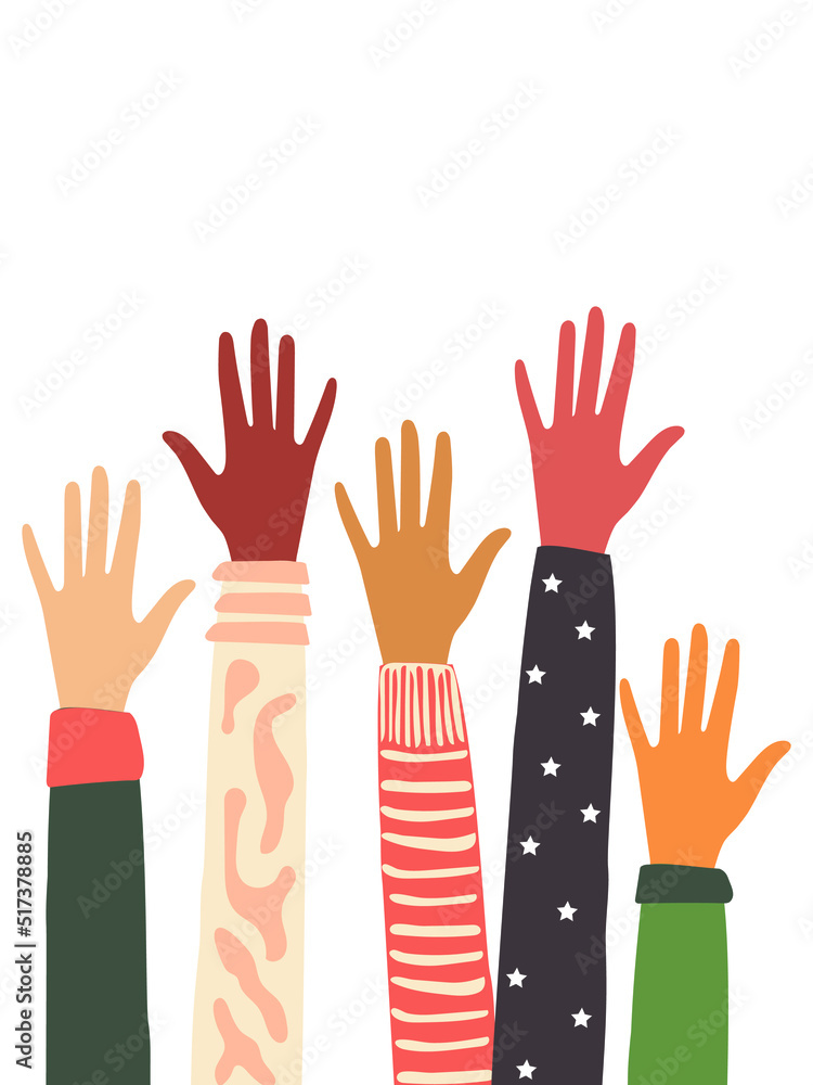 Fototapeta premium The hands of people with different skin colors, different nationalities and religions in the fight for equality. A group of volunteers. Vector.
