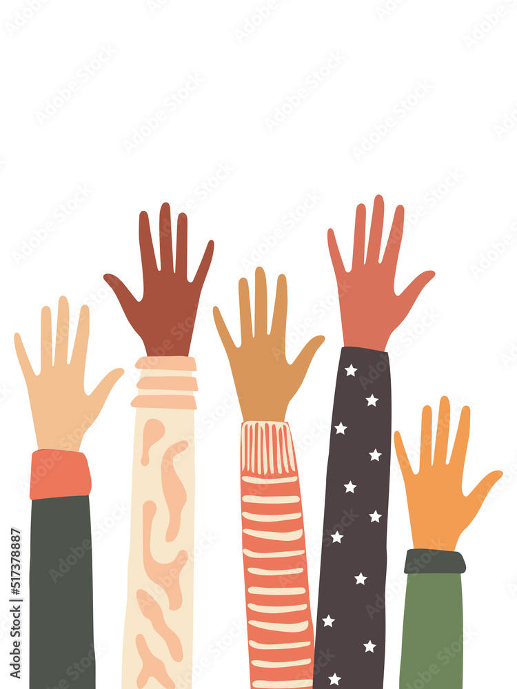 Obraz premium The hands of people with different skin colors, different nationalities and religions in the fight for equality. A group of volunteers. 