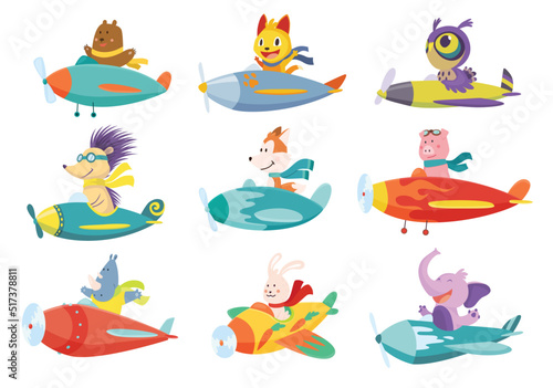 Set of cute baby animals cat  elephant  bear on airplanes. Collection of funny pilots fox  pig and owl flying on planes. Cartoon vector characters flying on retro transport