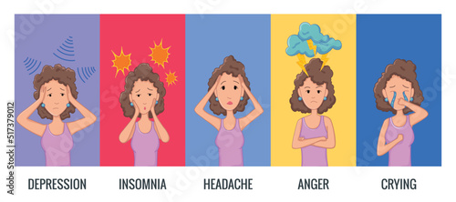 Women stress symptoms. Emotional or mental health problems, stress - hysterics insomnia headache depression, anger