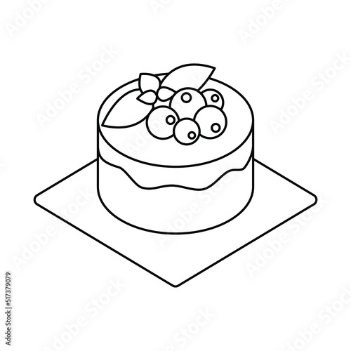 Cupcake line art. Vector cake in isometric. Delicious dessert with berries and melissa leaf. Isolated illustration. Editable srtoke