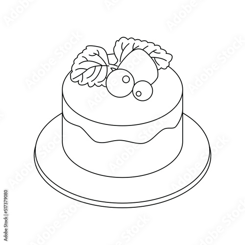 Muffin line illustration. Vector cake in isometric. Dessert with berries and melissa leaf. Isolated illustration. Editable srtoke