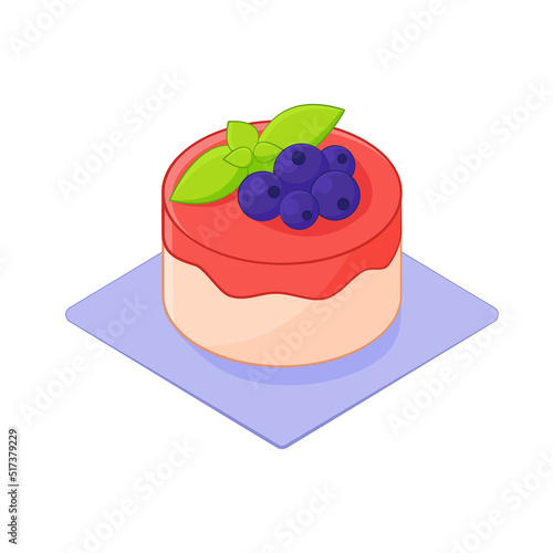 Colorful cheesecake art. Vector cake in isometric. Delicious dessert with berries and melissa leaf. Isolated illustration