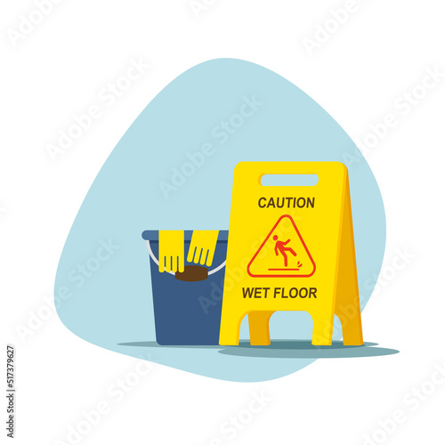 Wet floor sign and bucket with yellow rubber gloves. Vector illustration isolated on white background.