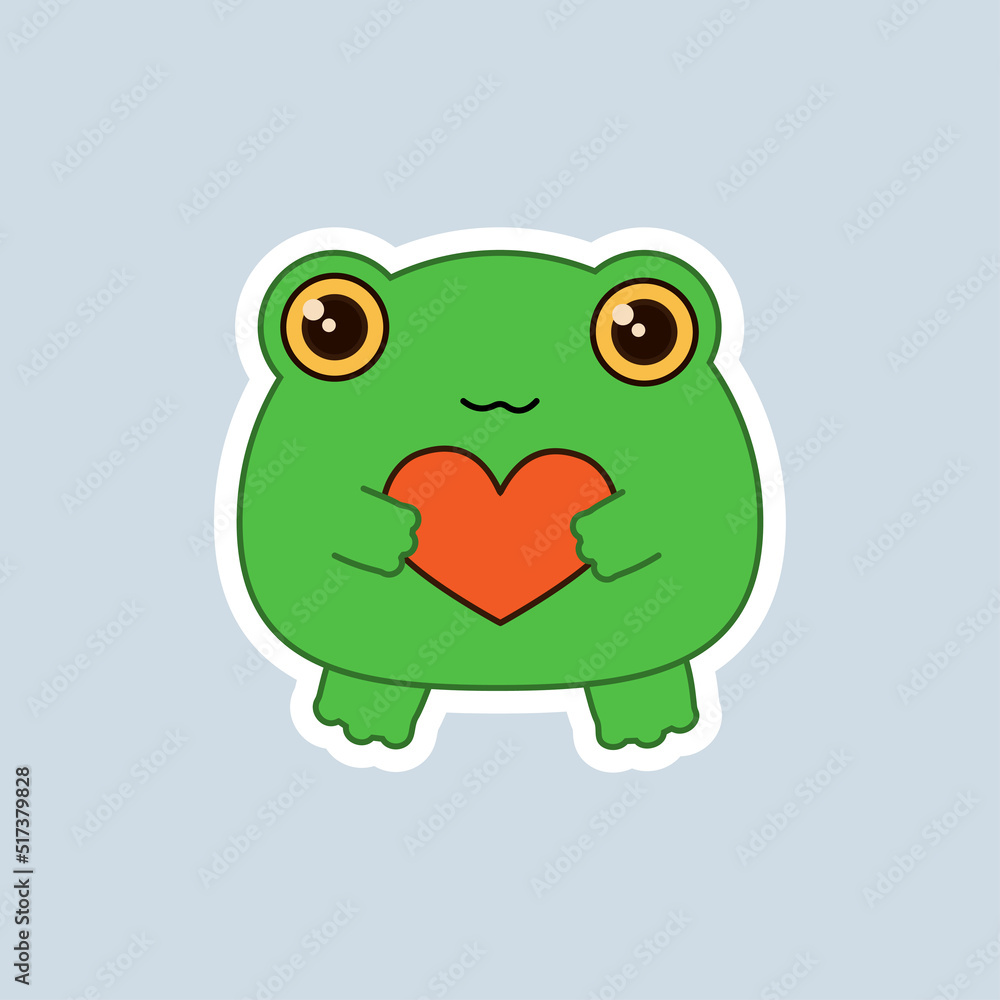 Cute frog with a heart, sticker on a gray background. Children's vector illustration