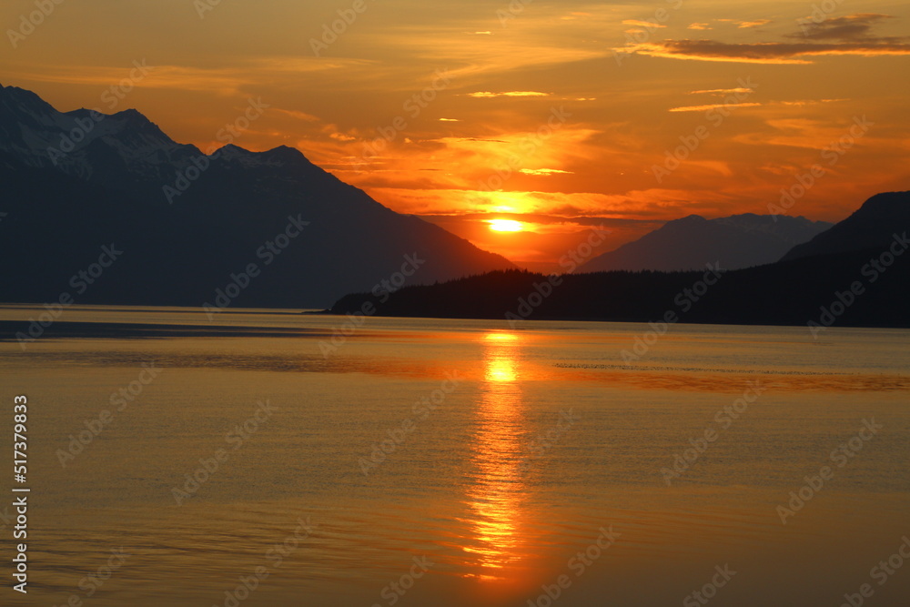 Sunset in Favorite Channel, Alaska.  Favorite Channel is a channel in Southeast Alaska, northwest of Juneau, Alaska, United States.