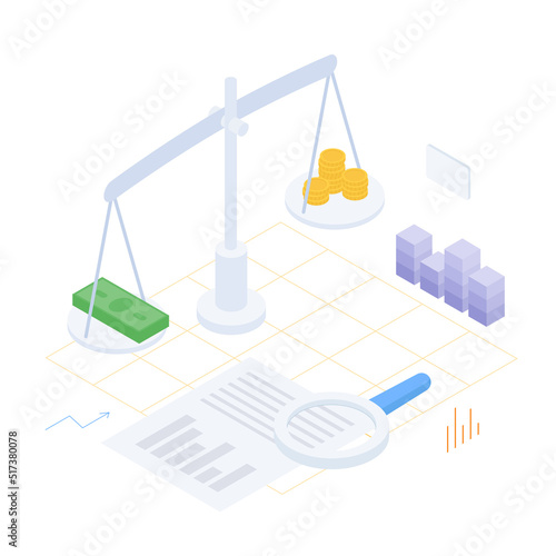 Money, scales, balance, chart, graph, diagram, presentation, spreadsheet, economy, finance, technology.Isometric vector illustration flat design isolated.